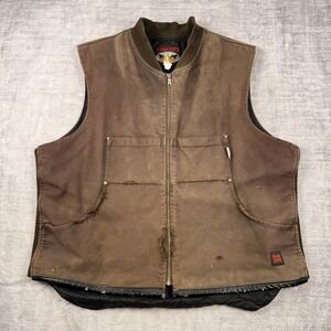 Tough Duck Vest Mens 2XL Brown Canvas Workwear Quilted Lined Distressed Grunge
